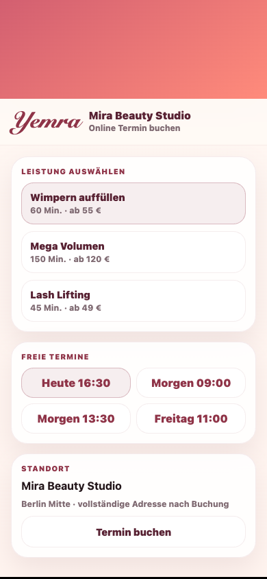 Öffentlicher Buchungsbereich mit Leistungen und freien Terminen