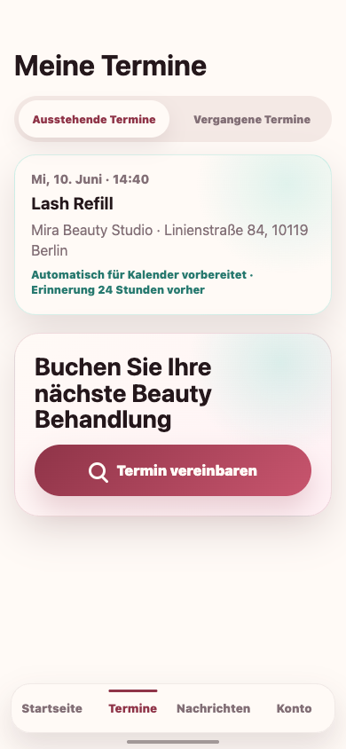 Kunden-App mit anstehendem Termin und Einstieg zur Buchung