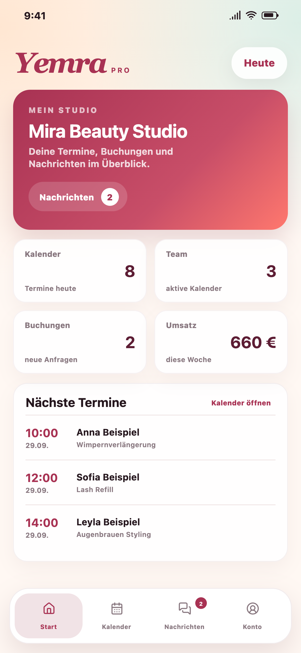 Yemra Pro Dashboard als Vorschau für Zahlungsfunktionen
