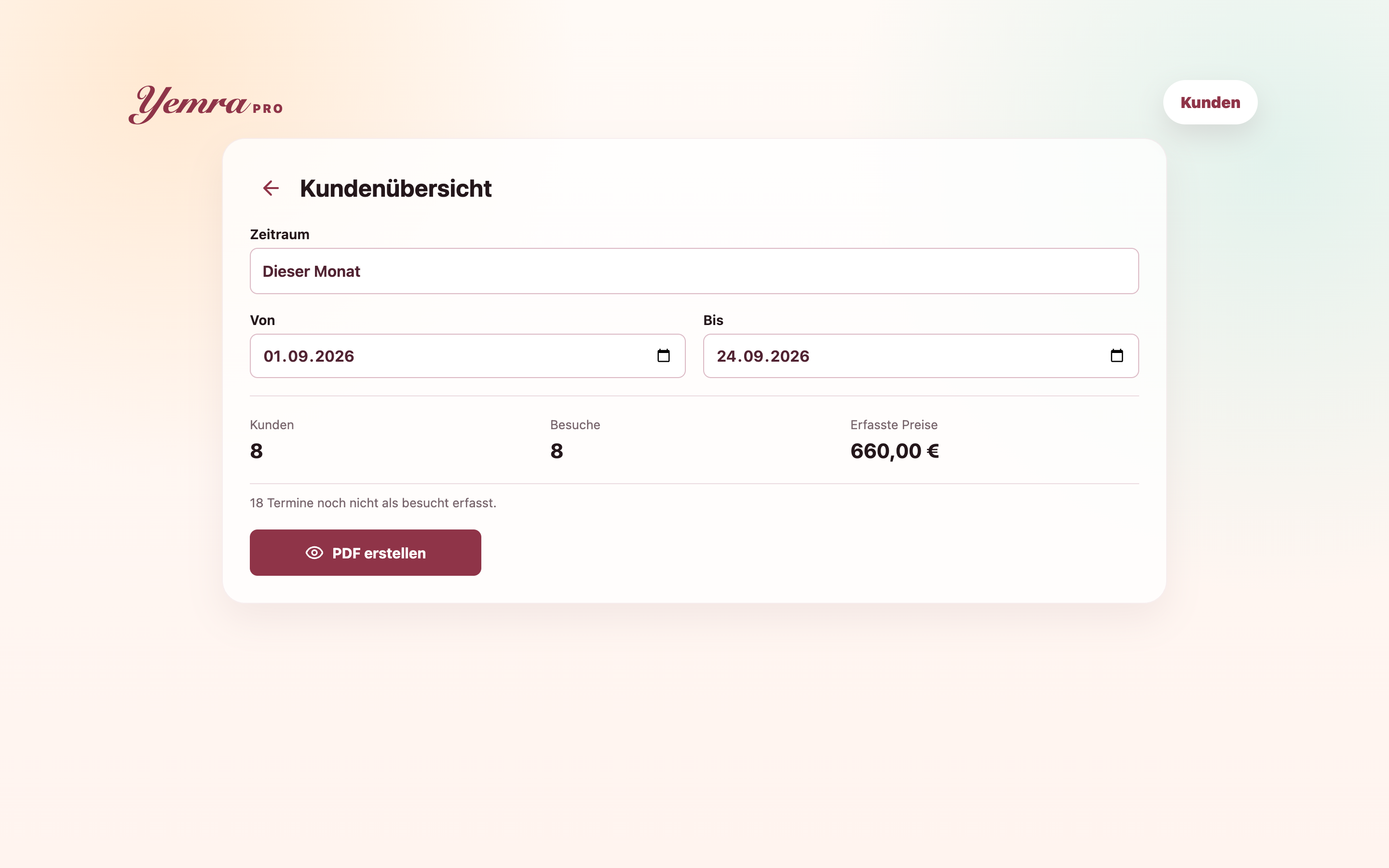 Kundenübersicht mit Zeitraum, Besuchen und PDF-Erstellung am Mac